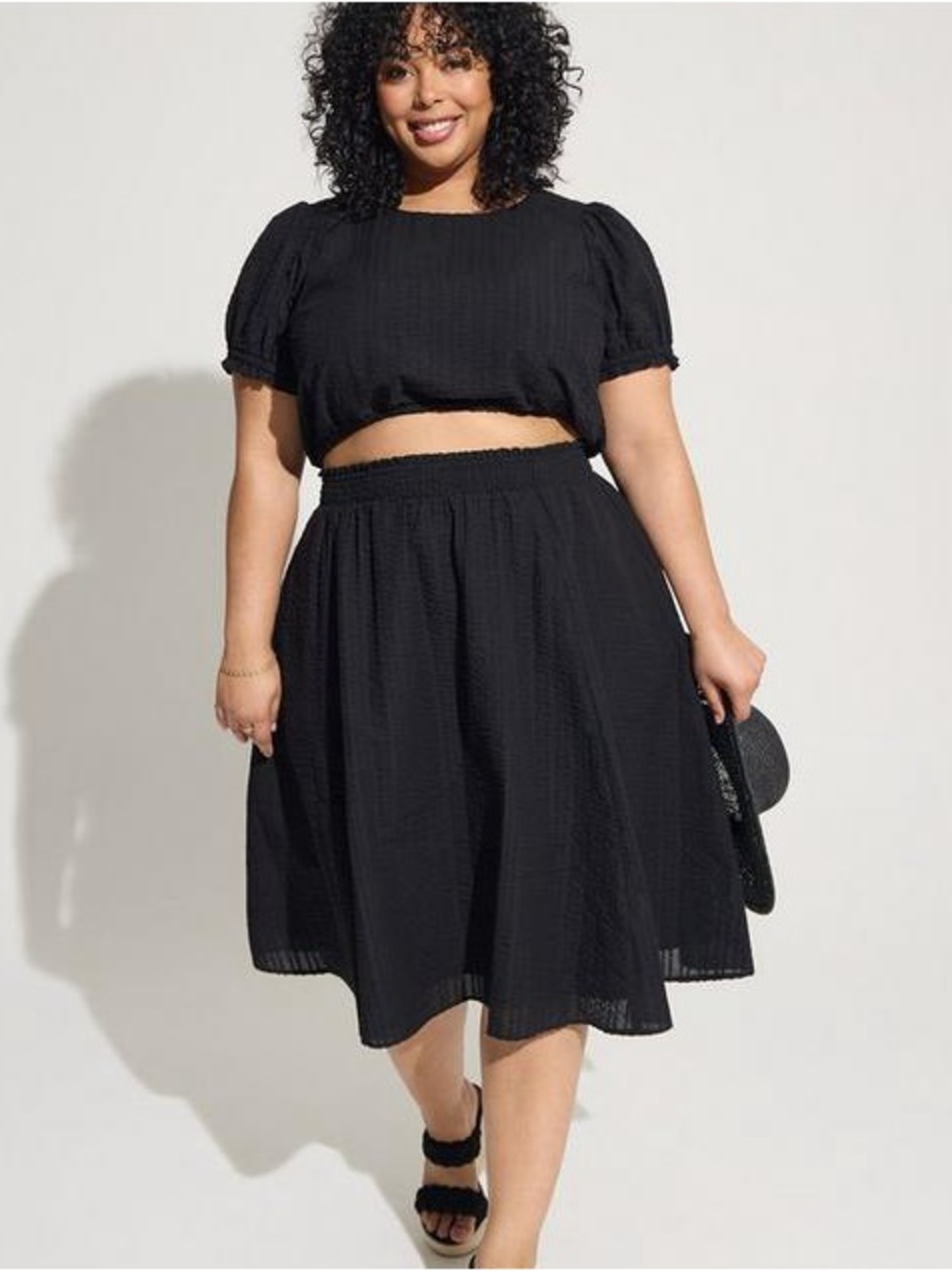 Torrid Midi seersucker smocked matching top & skirt set - Black